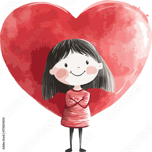 Whimsical watercolor illustration of a happy little girl embracing a large red heart symbol