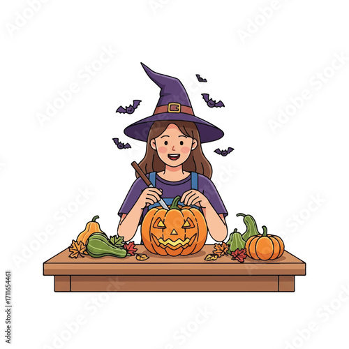 A smiling cartoon witch carves a jack-o-lantern on a wooden table surrounded by vegetables and pumpkins with bats flying above her head on a plain white background.
