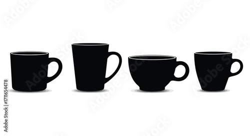 Four silhouette black ceramic mugs arranged in a row for coffee or tea vector