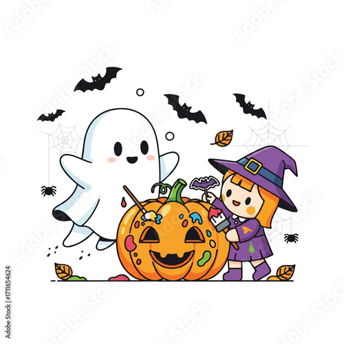 A cartoon ghost and a little girl in a witch costume decorating a jack-o-lantern with colorful stickers on a white background with black bats and spider webs.