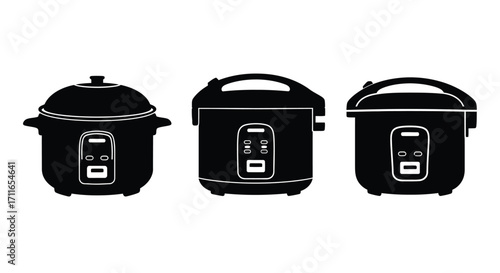 Three black rice cooker appliances displayed in a row kitchen appliance collection vector