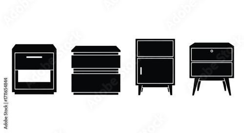 Set of four modern nightstand furniture silhouettes for bedroom decor and interior design vector