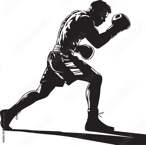 Black silhouette of a boxer in a fighting stance with boxing gloves black and white
