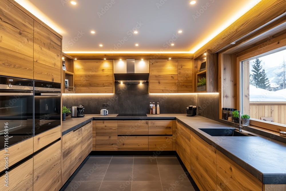 Naklejka premium Contemporary modern wooden kitchen interior with black countertop and bright lighting