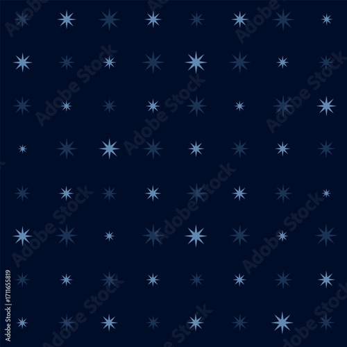 Christmas stars seamless pattern. Blue starry vector background. Night sky geometric magic wrapping paper decoration