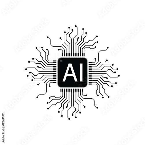 AI microchip icon with digital circuit board connections