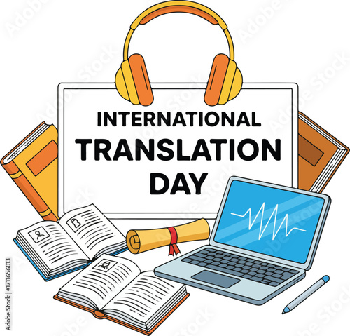 International translation day concept isolated on white background books and laptop