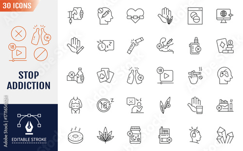 Stop addiction Line Icons set. Editable stroke. Containing smoking, alcohol, drugs, and more. Vector illustration