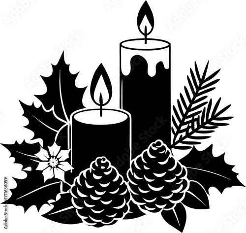 Christmas candles with pine cones and holly leaves silhouette  vector black   white background 