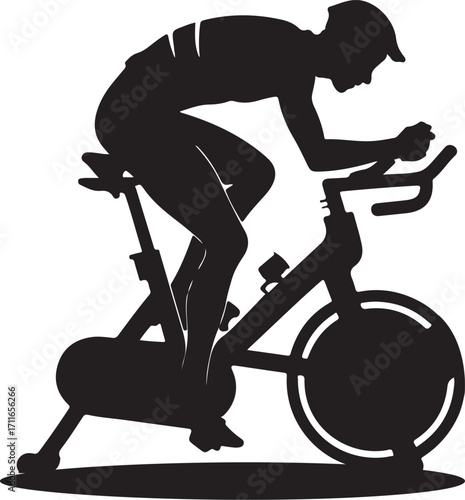 Black silhouette of a person cycling on a stationary bike indoor cycling exercise