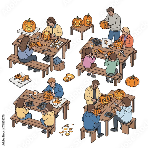 Flat lay illustration of diverse groups of people carving pumpkins at wooden tables on a white background with warm autumnal tones.