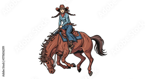 Cowgirl confidently riding a bronco with determination in a classic western style