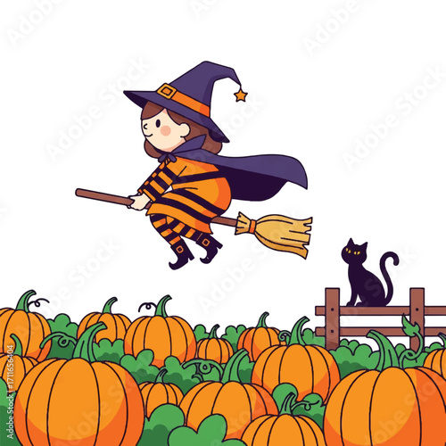 A cartoon child in a witch costume flies on a broomstick over a pumpkin patch with a black cat sitting on a fence, surrounded by green vines and orange pumpkins.