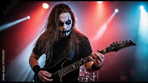 Black Metal Guitarist Performing Live on Stage with Corpse Paint
