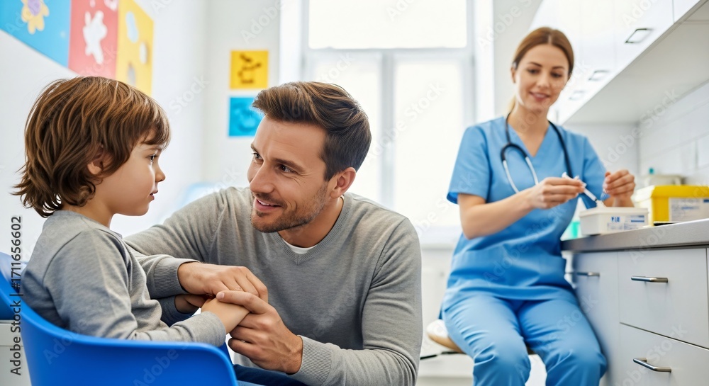 Fototapeta premium Man comforting young boy at doctor office, nurse preparing vaccine. Pediatric examination, child healthcare, medical consultation concept.