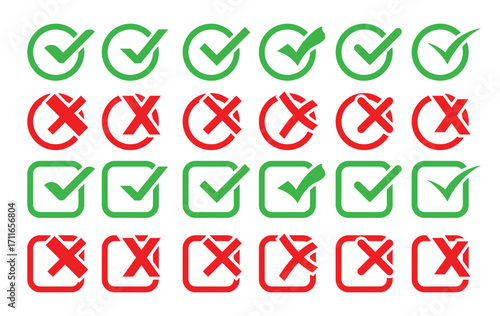 Green check marks and red cross icons set isolated vector illustration