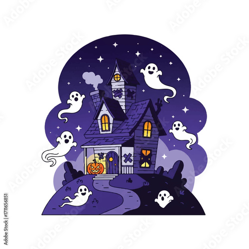 Illustration of a haunted house with ghosts and a jack-o-lantern on a purple night background with stars.