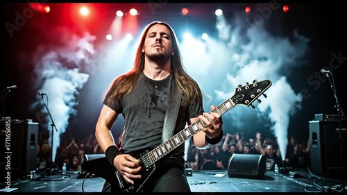 Heavy Metal Musician Playing Electric Guitar During Concert