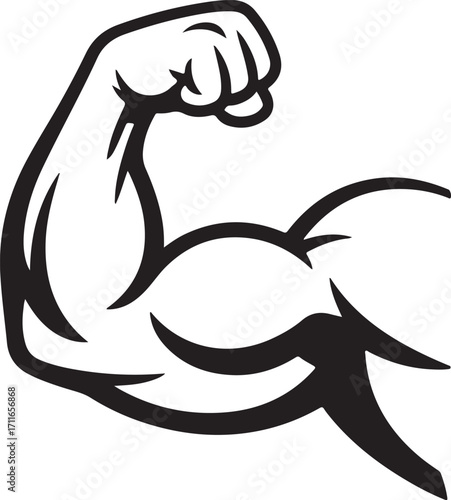 Black stylized flexing bicep arm with clenched fist and defined muscles strength
