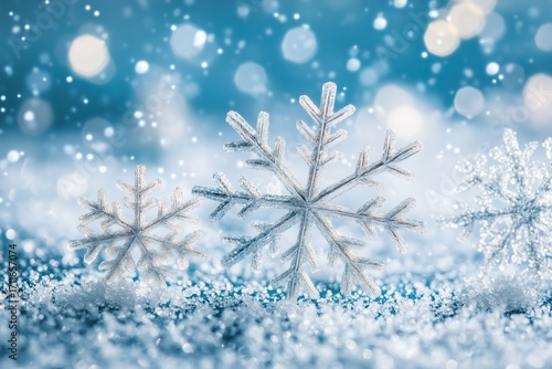 Beautiful snowflakes in winter season with frosty cold sparkling background