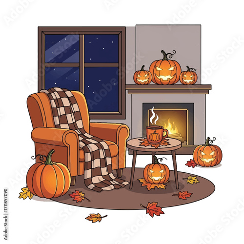Cozy living room scene with orange armchair, plaid blanket, jack-o-lanterns, and warm fire on a table with a cup, surrounded by autumn leaves on a brown rug, against a white background with