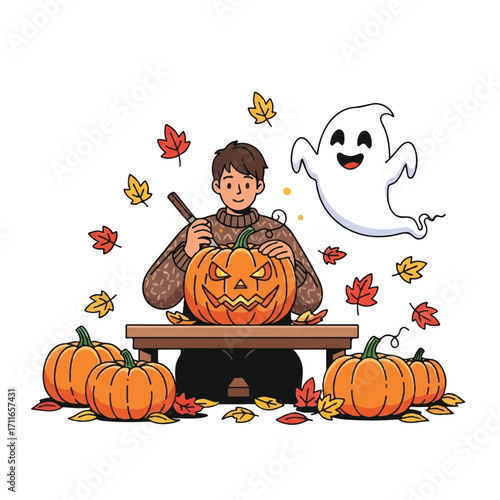 Illustration of a man carving a jack-o'-lantern on a bench with a ghost and pumpkins around him on a white background with autumn leaves and a warm color palette.