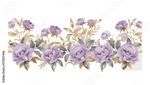 Watercolor floral border featuring purple peonies and foliage with a soft and elegant aesthetic design