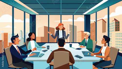 Dynamic team collaborating in modern office with stunning city views, driving business growth and innovation through strategic planning and open communication