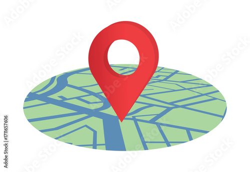 Red map location pin on circular city map navigation isolated vector illustration