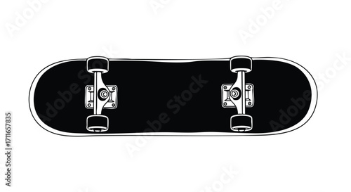 Sleek black and white skateboard illustration, perfect for action sports and lifestyle designs