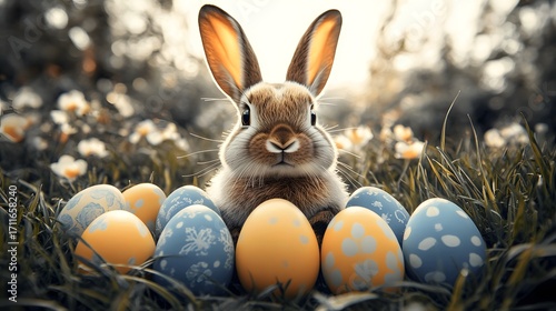 Cute bunny surrounded by colorful Easter eggs in a sunny field at springtime