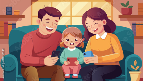 Happy family enjoying screen time together on the sofa, creating precious memories in a cozy home setting, feeling joyful and connected during family time