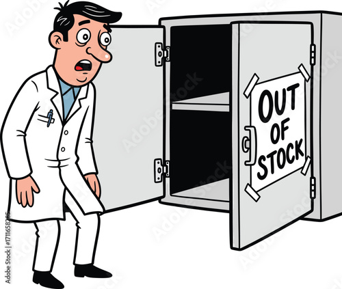 A shocked scientist stares at an empty cabinet with an "Out of Stock" sign attached.