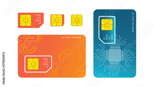 SIM Card and Microchip Card Set Isolated on White Background