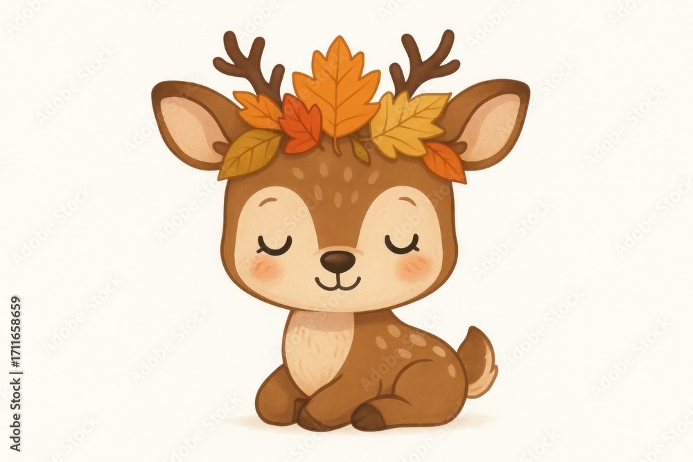 Obraz premium cute thanksgiving deer in leaf crown. cute style. no text. no yellow, good white balance and not too dark.