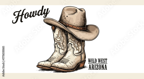 Classic cowboy boots and hat ready for adventure in the Wild West