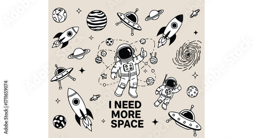 Astronauts explore the cosmos with rockets and UFOs, dreaming of the universe's vastness