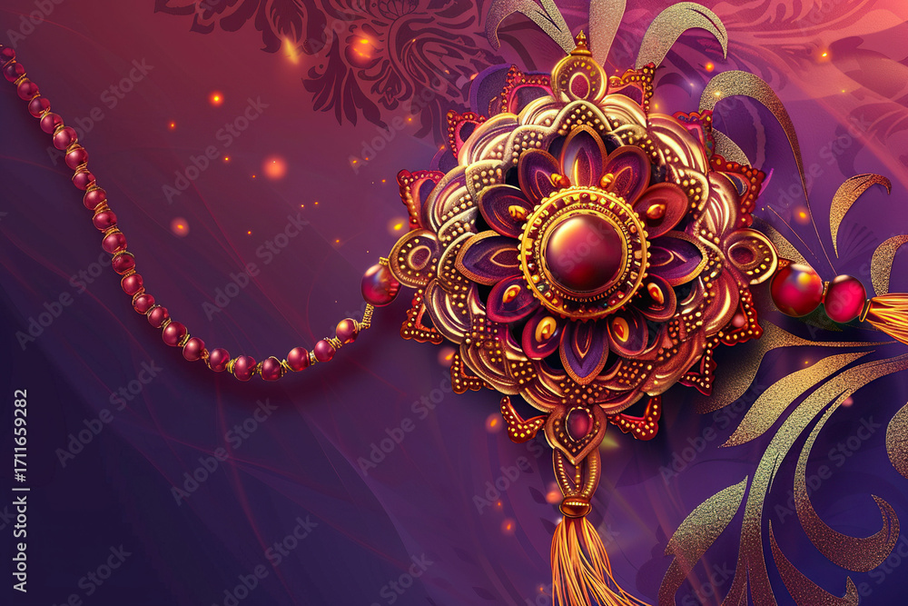 Fototapeta premium Greeting card with holiday composition for happy celebrate Raksha Bandhan, abstract vivid composition consists of fictional unreal fantastic vision on background for diverse creative work
