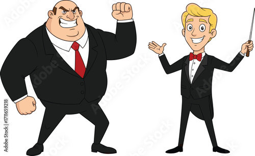 Angry big man in black suit with clenched fist and cheerful blonde conductor holding baton, funny cartoon characters, businessman and orchestra conductor, animated people.