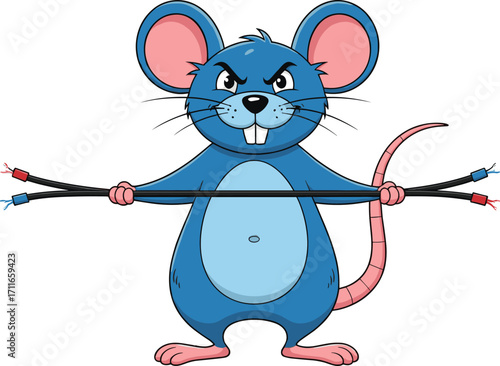 Angry blue mouse holding electrical wires, fierce cartoon rodent, mischievous character, funny animal illustration, isolated white background, vector art, digital drawing, bold expression.