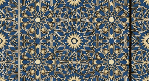 An intricate geometric pattern featuring a seamless repeat of ornate, starshaped designs in gold and blue, creating a luxurious and decorative background texture