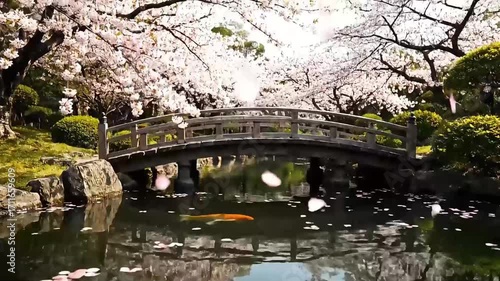 Serene Japanese Garden with Wooden Bridge, Sakura Blossoms and Falling Petals in Spring