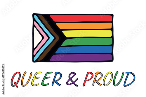 Colorful Lgbtq progress pride flag Happy pride day LGBTQ community Pride Month Vector hand drawn doodle for posters, stickers, logo, cards