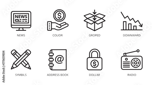Eight essential line icons representing news color group downward trend symbols address book dollar and radio perfect for web design and mobile apps