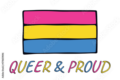 Colorful Pansexual pride flag Happy pride day LGBTQ community Pride Month Vector hand drawn doodle for posters, stickers, logo, cards