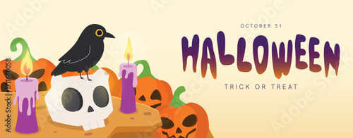 Halloween Banner with Crow Skull Candles and Pumpkins. Ideal for party invitations, posters, flyers, and seasonal celebration graphics.