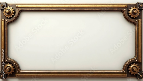 Steampunk design thin brass frame with delicate gear details in soft golden light, copy space