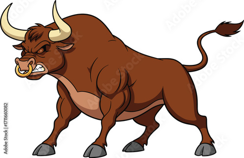 Angry brown bull with muscular body, fierce expression, large horns, standing aggressively, cartoon strong animal, wild nature, powerful beast, aggressive bull illustration.