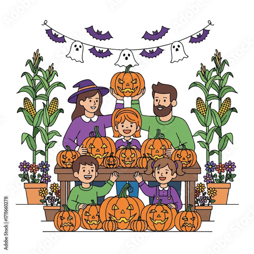 A cartoon family of four posing with carved pumpkins on a wooden table surrounded by corn stalks and a ghostly banner on a white background with a playful and festive mood.