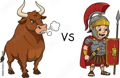 Angry bull facing off against cheerful Roman soldier with spear and shield, historic battle concept, cartoon illustration, warrior and animal confrontation, action and strength theme.